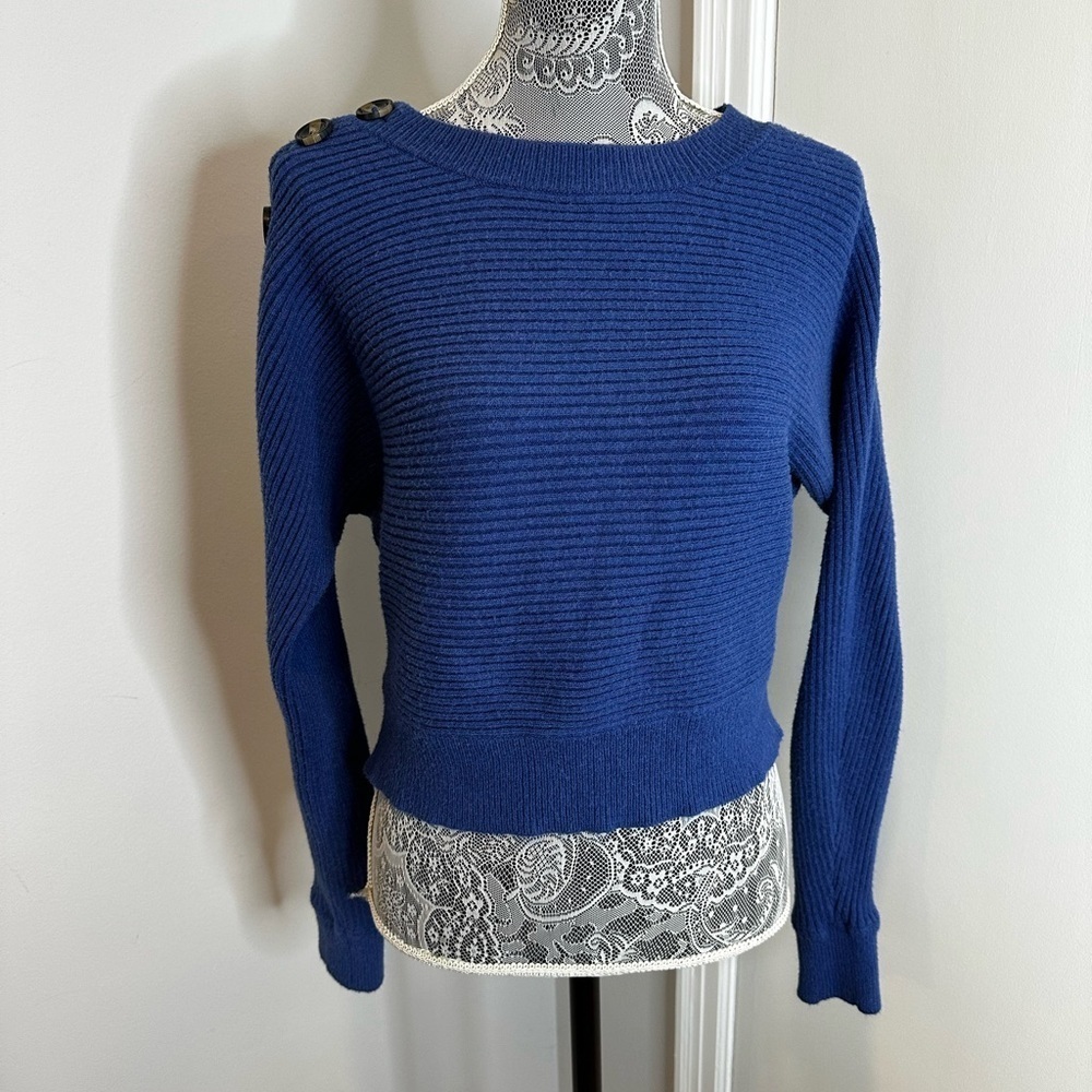 Prof Apparel Blue Bat Wing Women’s Sweater. Ribbed knit sweater buttons